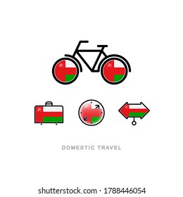 Bicycle, suitcase, compass, pointer with the national flag of OMAN. Domestic tourism icons set. Isolated objects. 