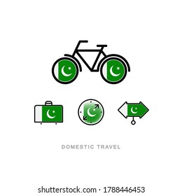 Bicycle, suitcase, compass, pointer with the national flag of PAKISTAN. Domestic tourism icons set. Isolated objects. 