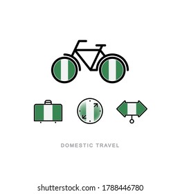 Bicycle, suitcase, compass, pointer with the national flag of NIGERIA. Domestic tourism icons set. Isolated objects. 
