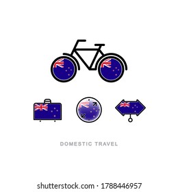 Bicicleta, maleta, brújula, puntero con la bandera nacional de NUEVA ZELANDIA. Iconos de turismo doméstico. Objetos aislados. 