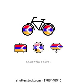 Bicycle, suitcase, compass, pointer with the national flag of NAGORNO-KARABAKH REPUBLIC. Domestic tourism icons set. Isolated objects. 