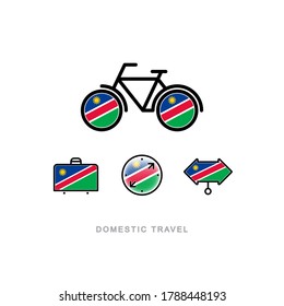 Bicycle, suitcase, compass, pointer with the national flag of NAMIBIA. Domestic tourism icons set. Isolated objects. 