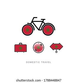 Bicicleta, maleta, brújula, puntero con la bandera nacional de MARRUECOS. Iconos de turismo doméstico. Objetos aislados. 
