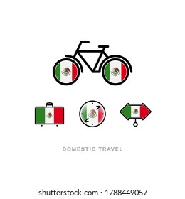 Bicycle, suitcase, compass, pointer with the national flag of MEXICO. Domestic tourism icons set. Isolated objects. 