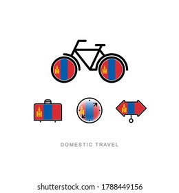 Bicycle, suitcase, compass, pointer with the national flag of MONGOLIA. Domestic tourism icons set. Isolated objects. 