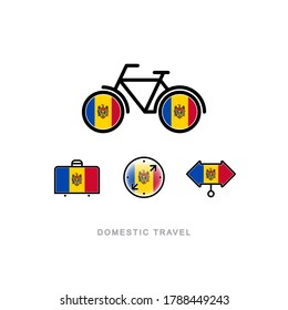 Bicycle, suitcase, compass, pointer with the national flag of MOLDOVA. Domestic tourism icons set. Isolated objects. 