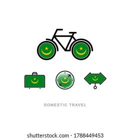 Bicycle, suitcase, compass, pointer with the national flag of MAURITANIA. Domestic tourism icons set. Isolated objects. 