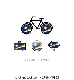 Bicycle, suitcase, compass, pointer with the national flag of MARSHALL ISLANDS. Domestic tourism icons set. Isolated objects. 