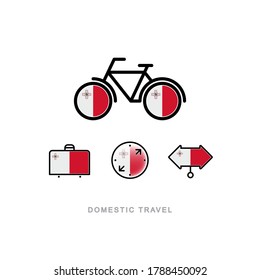 Bicicleta, maleta, brújula, puntero con la bandera nacional de MALTA. Iconos de turismo doméstico. Objetos aislados. 