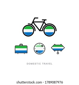 Bicycle, suitcase, compass, pointer with the national flag of SIERRA LEONE. Domestic tourism icons set. Isolated objects. 