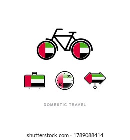 Bicycle, suitcase, compass, pointer with the national flag of UNITED ARAB EMIRATES. Domestic tourism icons set. Isolated objects. 