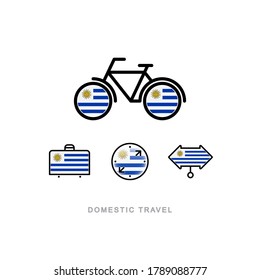 Bicycle, suitcase, compass, pointer with the national flag of URUGUAY. Domestic tourism icons set. Isolated objects. 