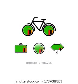 Bicycle, suitcase, compass, pointer with the national flag of ZAMBIA. Domestic tourism icons set. Isolated objects. 