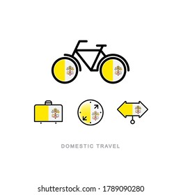 Bicicleta, maleta, brújula, puntero con la bandera nacional de VATICAN. Iconos de turismo doméstico. Objetos aislados. 