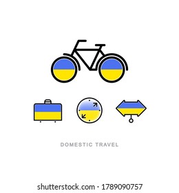 Bicycle, suitcase, compass, pointer with the national flag of UKRAINE. Domestic tourism icons set. Isolated objects. 