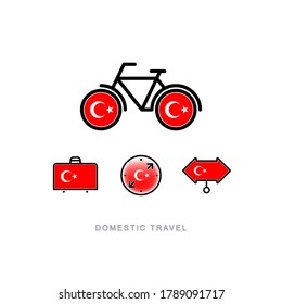 Bicicleta, maleta, brújula, puntero con la bandera nacional de TURQUÍA. Iconos de turismo doméstico. Objetos aislados. 