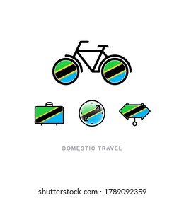 Bicycle, suitcase, compass, pointer with the national flag of TANZANIA. Domestic tourism icons set. Isolated objects. 