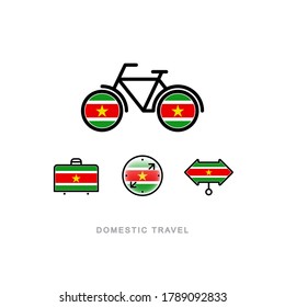 Bicycle, suitcase, compass, pointer with the national flag of SURINAME. Domestic tourism icons set. Isolated objects. 