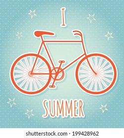 I bicycle summer. The colorful illustration with bike. Concept of environmentally friendly and healthy lifestyle. The template of poster.