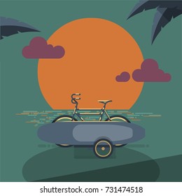 Bicycle with surfboard in the sunset on the beach, illustration 