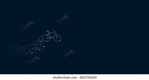 A bicycle symbol filled with dots flies through the stars leaving a trail behind. Four small symbols around. Empty space for text on the right. Vector illustration on dark blue background with stars