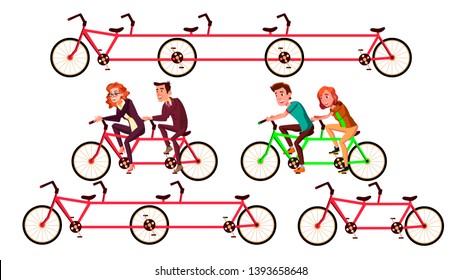 Bicycle Tandem Riding By Characters Set Vector. Bycicle For Friends Activity Healthy Time Or Joint Trip To Work. Happy Smiling Man And Woman Pedaling Quintbike Flat Cartoon Illustration