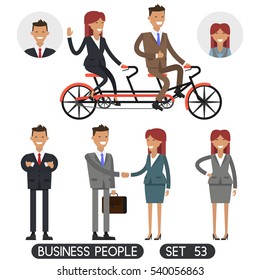 Bicycle tandem riding. Team work. Business people. Office people.Different dress styles.  Vector illustration