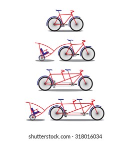Bicycle and tandem-bicycle. Various kinds. Illustration, elements for design.