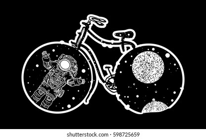 Bicycle tattoo art. Travel, adventure, outdoors, meditation,symbol. Astronaut in deep space. Bicycle wheels in which the universe 