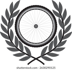 Bicycle team with laurel wreath emblem. Bicycle wheel with laurel wreath on a transparent background in black and white. Vector emblem symbolizing achievement, competition, and cycling excellence.