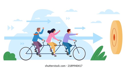 Fahrradteam arbeitet. Teamwork Tandembike, Corporate Lifestyle Freude Mitarbeiter arbeiten gemeinsam Reise zu Ziel kreative Führungskräfte Partnerschaft Konzept Vektorgrafik Tandem-Fahrrad