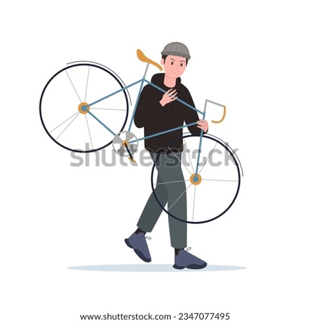 Bicycle theft vector illustration. Cartoon isolated male thief character in hoodie and balaclava hat stealing bike, man holding stolen bicycle to steal and carry, street robbery and illegal crime