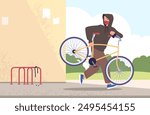 Bicycle thief. Running burglar man carrying stolen bike, theft steal cycle criminal break laws stealing insurance transport street security bikes robbery classy vector illustration authors graphics