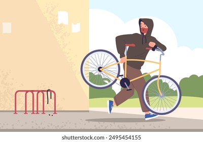 Bicycle thief. Running burglar man carrying stolen bike, theft steal cycle criminal break laws stealing insurance transport street security bikes robbery classy vector illustration authors graphics