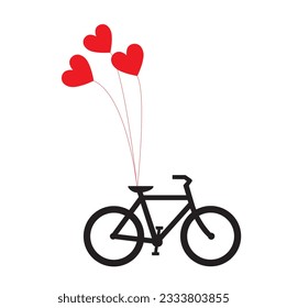 A bicycle with three heart shape balloons on a white background with copy space