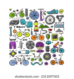 Bicycle time. Types of bicycles, tools and spare parts. Abstract square frame for your design