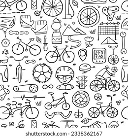 Bicycle time. Types of bicycles, tools and spare parts. Seamless pattern background for your design