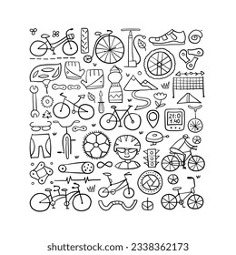 Bicycle time. Types of bicycles, tools and spare parts. Abstract square frame for your design