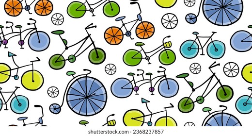 Bicycle time. Types of bicycles, tools and spare parts. Seamless pattern background for your design