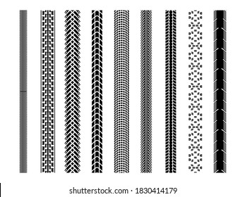 Bicycle tire tread vector brushes, bike tire ground imprints isolated, bicycle or motorcycle wheel treads, cycling themed design elements