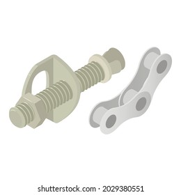 Bicycle tool icon isometric vector. Bike chain link and wheel mounting bolt. Spare part, bike repair