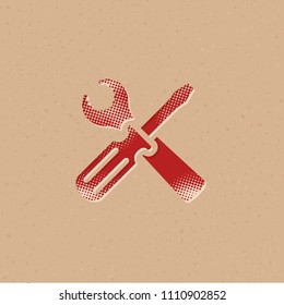 Bicycle tools icon in halftone style. Grunge background vector illustration.