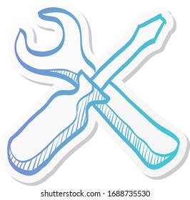 Bicycle tools icon in sticker color style. Wrench screw driver mechanic setting maintenance professional