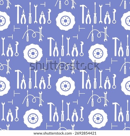 Bicycle tools seamless pattern with gears, wrenches, and pliers on purple background vector