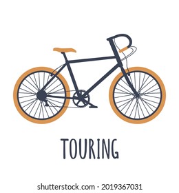 Bicycle touring. Simple cartoon style icon. Vector black and orange illustration isolated on white background with title.