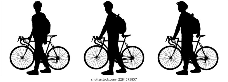 Bicycle tourism. Tourist with a bicycle in a sports protective helmet. A group of guys with bicycles walks one after another. Hiking. Side view. Three silhouettes in black color are isolated on white.