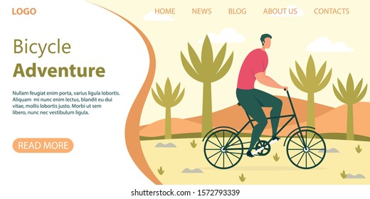 Bicycle Tourism Travel, Healthy and Active Lifestyle, Vacation Trip Adventure Flat Vector Web Banner, Landing Page with Man Riding Bicycle, Male Tourist Traveling on Ecological Transport Illustration