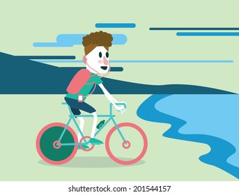 Bicycle tourist riding on the beach. vector illustration