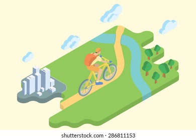 Bicycle Track Summer Vacation. Flat Isometric Art. Travel Vector Illustration.
