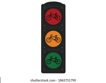 semáforo en bicicleta con las tres luces encendidas aisladas en fondo blanco